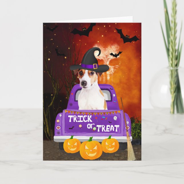 Tarjeta Jack Russell Dog en un camión de Halloween (Anverso)