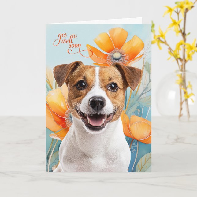 Tarjeta Jack Russell Dog Orange Poppy Flowers Get Well (flor amarilla)