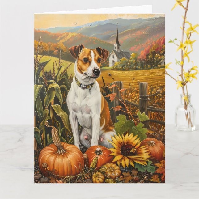 Tarjeta Jack Russell Dog otoño Harvest Acción de Gracias (flor amarilla)
