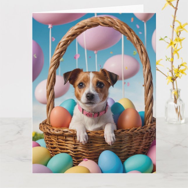 Tarjeta Jack Russell Easter Eggs (flor amarilla)