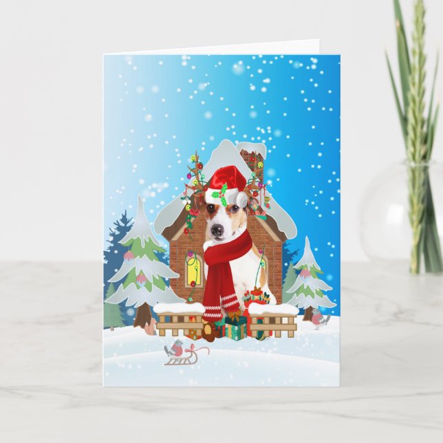 Tarjeta Jack Russell en la nieve con regalos de Navidad (Anverso)