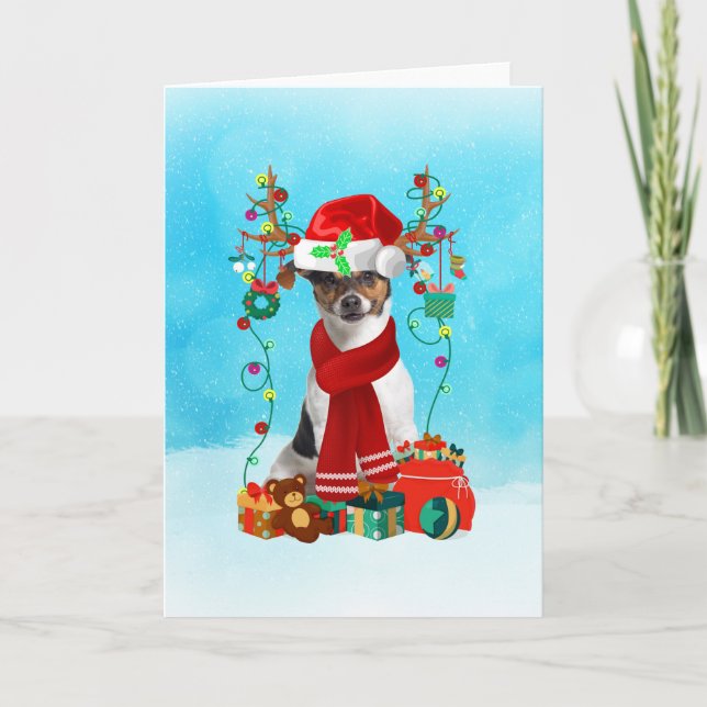 Tarjeta Jack Russell en la nieve con regalos de Navidades (Anverso)