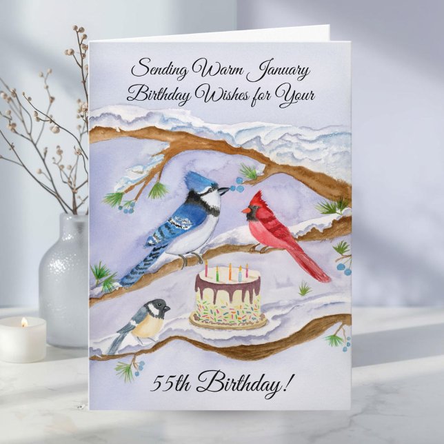Tarjeta January 55th Birthday Backyard Birds Watercolor (Subido por el creador)