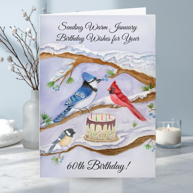 Tarjeta January 60th Birthday Backyard Birds Watercolor (Subido por el creador)