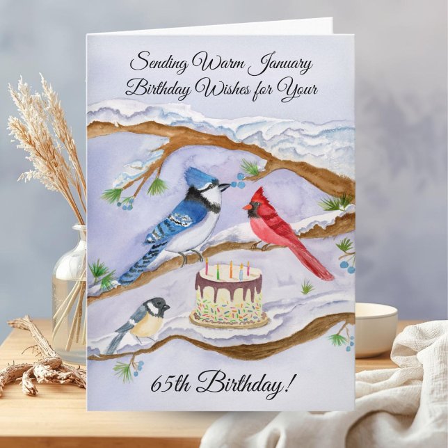 Tarjeta January 65th Birthday Backyard Birds Watercolor (Subido por el creador)