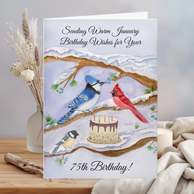 Tarjeta January 75th Birthday Backyard Birds Watercolor (Subido por el creador)