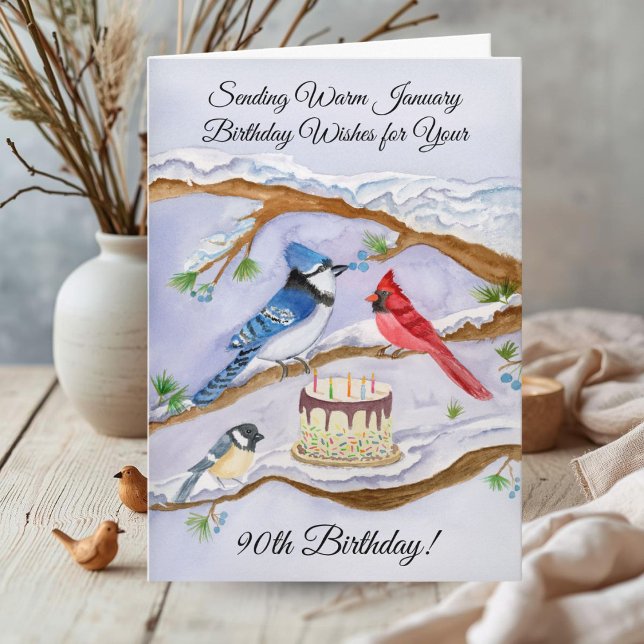 Tarjeta January 90th Birthday Backyard Birds Watercolor (Subido por el creador)