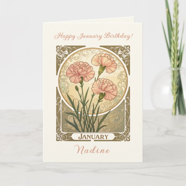 Tarjeta January Birth Flower Pink Carnations Art Nouveau S (Anverso)