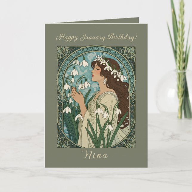 Tarjeta January Birth Flower Snowdrop Flowers Art Nouveau  (Anverso)