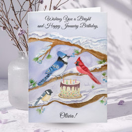 Tarjeta January Birthday Backyard Birds Personalize