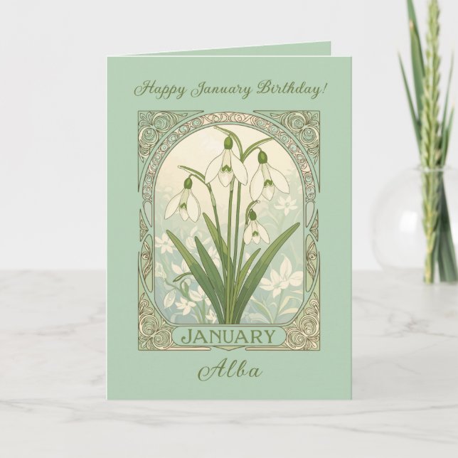 Tarjeta January Birthday Galanthus Flowers Art Nouveau Sty (Anverso)