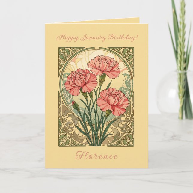 Tarjeta January Birthday Pink Carnations Art Nouveau Style (Anverso)