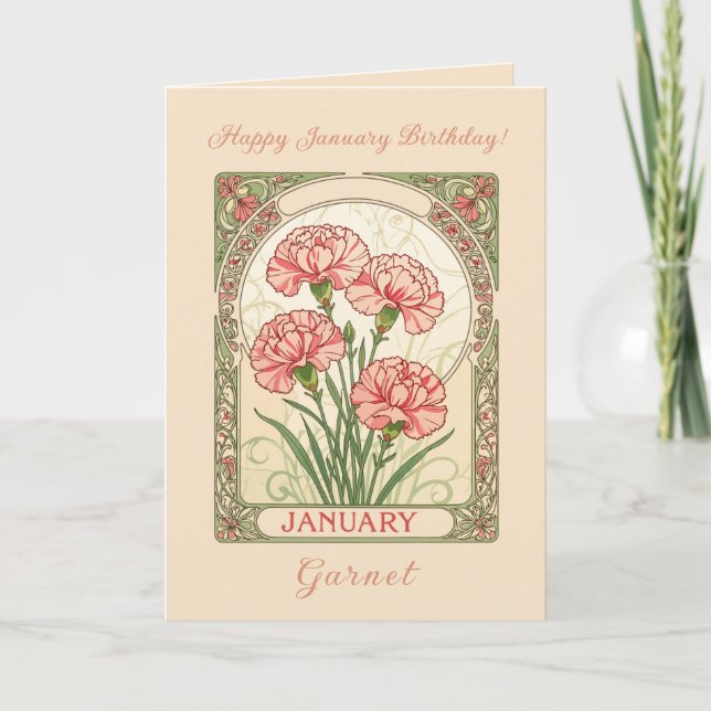 Tarjeta January Birthday Pink Dianthus Art Nouveau Style (Anverso)