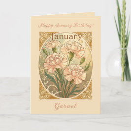 Tarjeta January Birthday Pink Dianthus Flowers Art Nouveau