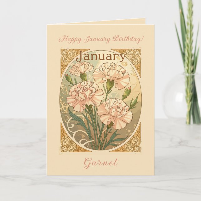 Tarjeta January Birthday Pink Dianthus Flowers Art Nouveau (Anverso)