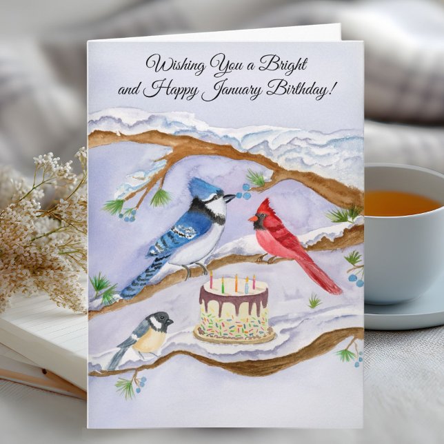 Tarjeta January Birthday with Backyard Birds and Cake (Subido por el creador)