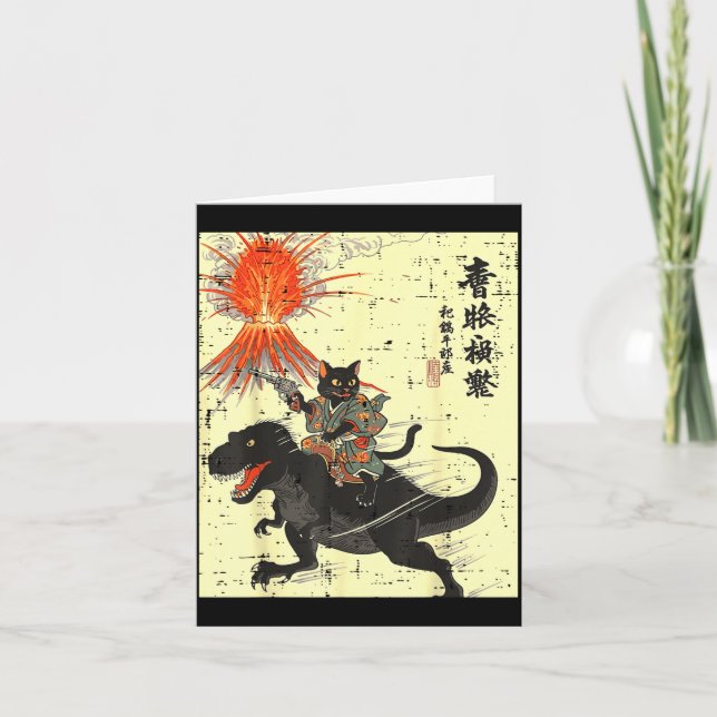 Tarjeta Japanese Black Cat On Trex Funny Ukiyo-e Boys Kids (Anverso)