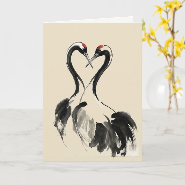 Tarjeta Japanese Crane Ink Wash Fine Art Card (flor amarilla)