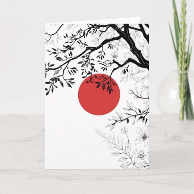 Tarjeta Japanese Red Sun & Brush Tree Art (Anverso)