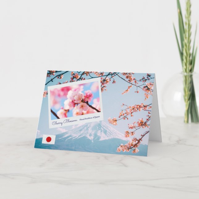 Tarjeta Japón florecimiento de cerezo rosa con bandera y M (Anverso)
