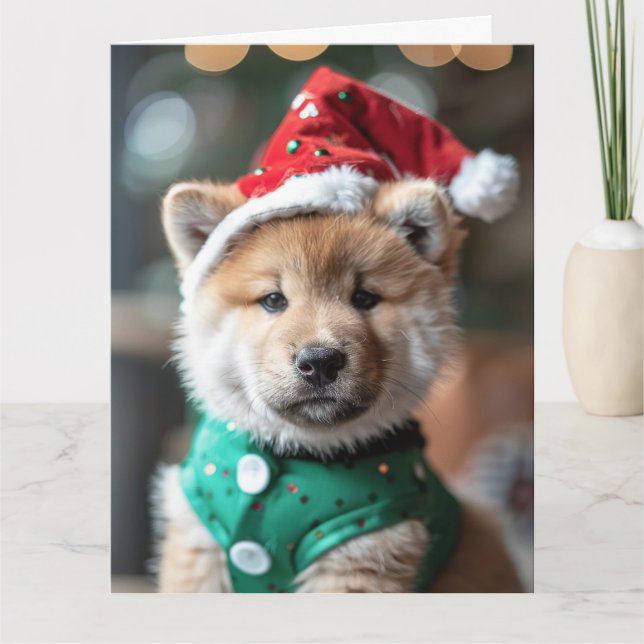 Tarjeta japonesa Akita Elf Puppy Navidades (Anverso)