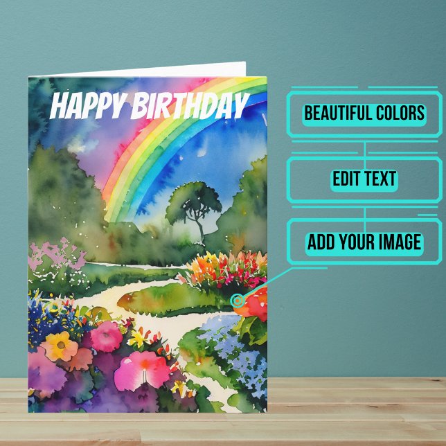Tarjeta Jardín con flores y acuarela arcoiris (Wish someone you care about a happy birthday with this colorful design featuring watercolors.)