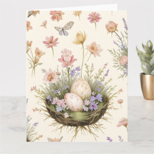 Tarjeta Jardín Cottagecore Huevos de Pascua Nidos Bota Vin