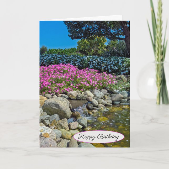 Tarjeta Jardín de rocas de verano con cascadas (Anverso)