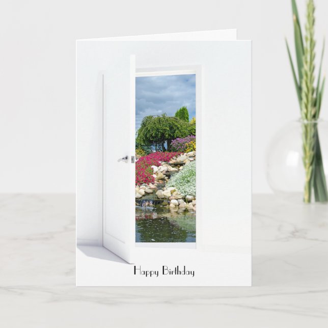 Tarjeta Jardín de rocas y cascada en cumpleaños a puerta a (Anverso)