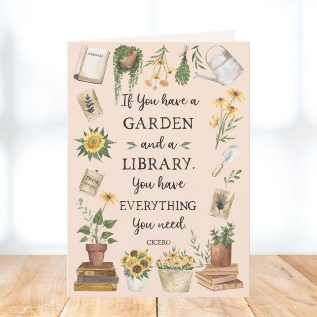 Tarjeta Jardinería y biblioteca citan girasol y hierbas (In situ)