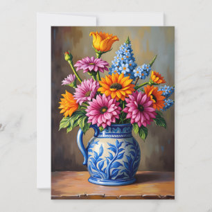 Tarjeta Jarra azul blanca Pensando en Ti Flores Brillantes