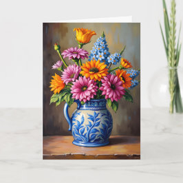 Tarjeta Jarra Azul Blanco Pensando en Ti Flores Brillantes