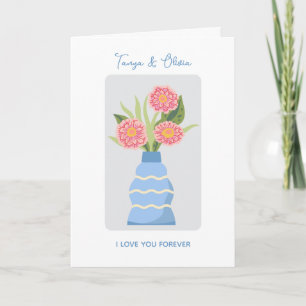 Tarjeta Jarrón azul caprichoso con ilustración de flores r