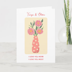 Tarjeta Jarrón caprichoso de lunares con flores rosadas