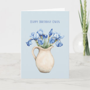Tarjeta Jarrón de Crema Flores de Iris Púrpura Cumpleaños