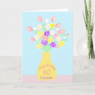 Tarjeta jarrón de flores rosa y púrpura para el 60 cumplea