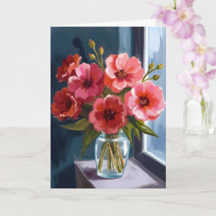 Tarjeta Jarrón de ramo de flores rojas pintura en acuarela