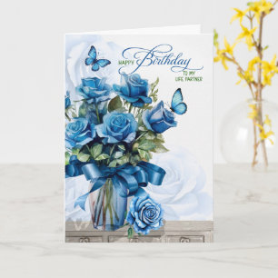 Tarjeta jarrón de rosas azules para el cumpleaños de la pa