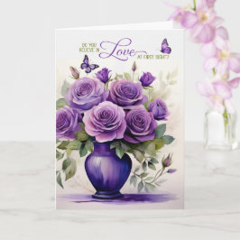 Tarjeta Jarrón de Rosas Purpúreas del Amor a Primera Vista