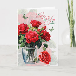 Tarjeta Jarrón de rosas rojas y mariposa de amor y romance
