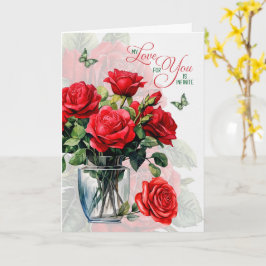 Tarjeta Jarrón de rosas rojas y mariposa de amor y romance
