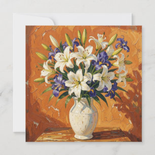 Tarjeta Jarrón rústico con lirios y flores de iris