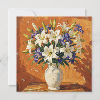 Tarjeta Jarrón rústico con lirios y flores de iris