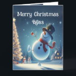 Tarjeta Jefe Feliz Snowman Navidades de chocolate caliente<br><div class="desc">Navidades de chocolate caliente de muñeco de nieve feliz feliz para tu jefe</div>
