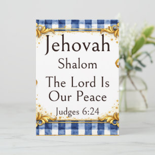 Tarjeta Jehovah Shalom, Gingham Azul Blanco Dorado Caprich
