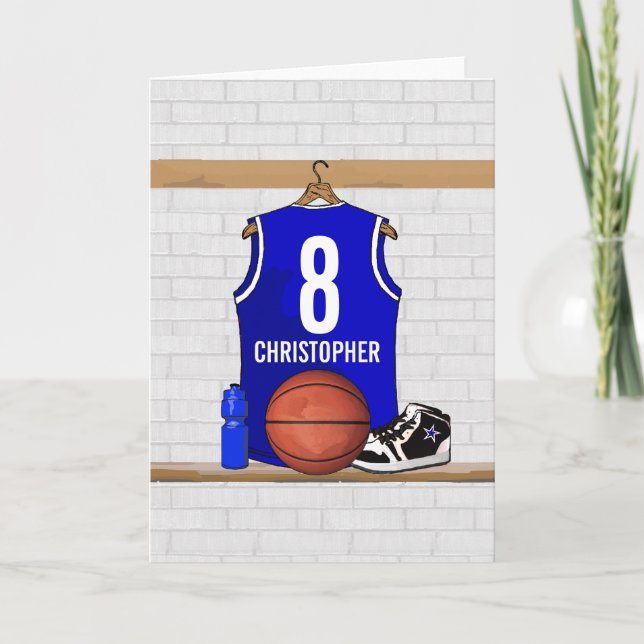 Tarjeta Jersey de baloncesto blanco y azul personalizado (Anverso)