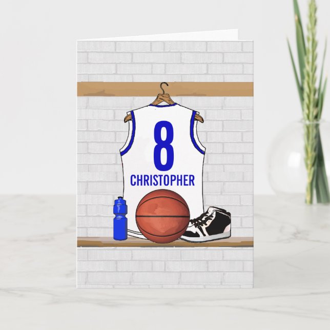 Tarjeta Jersey de baloncesto blanco y azul personalizado (Anverso)