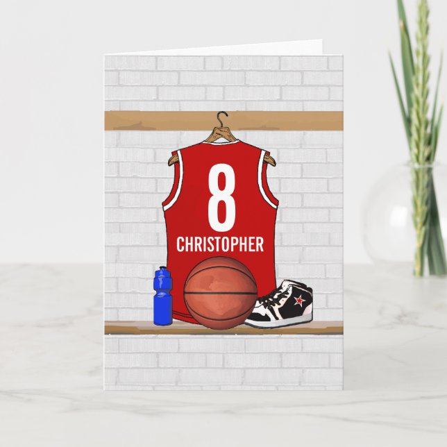 Tarjeta Jersey de baloncesto rojo y blanco personalizado (Anverso)