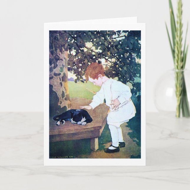 Tarjeta Jessie Willcox Smith, gato y niño durmiendo (Anverso)