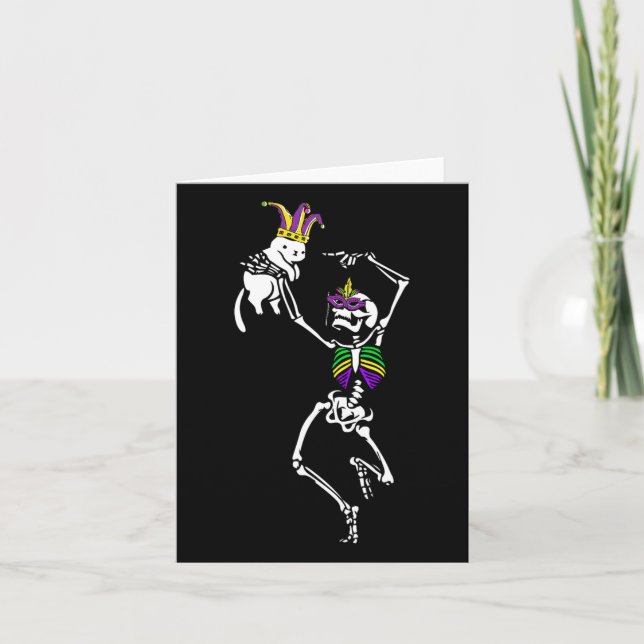 Tarjeta Jester Skeleton Bailando Gato Mardi Gras Máscara C (Anverso)